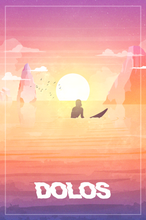 Load image into Gallery viewer, A view of the design on its own. The silhouette of a surfer sits in front of a bright sunset with a flock of birds and mountains in the background. The word "Dolos" is written in a wavy font below the surfer.