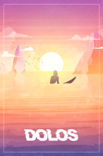 Load image into Gallery viewer, A view of the design on its own. The silhouette of a surfer sits in front of a bright sunset with a flock of birds and mountains in the background. The word &quot;Dolos&quot; is written in a wavy font below the surfer.
