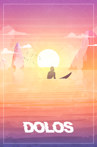 A view of the design on its own. The silhouette of a surfer sits in front of a bright sunset with a flock of birds and mountains in the background. The word "Dolos" is written in a wavy font below the surfer.