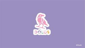 View from the front - A white outlined sticker with the pink Dolos Bird on it. Below the bird it says Dolos in a colorful font.