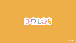 View from the front - A white outlined sticker that has Dolos written in a colorful font.