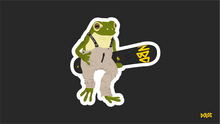 Load image into Gallery viewer, View from the front - A green and yellow frog wearing tan suspenders and holding a black snowboard with a yellow Dolos bird and NBD in yellow font.
